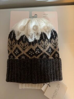Rachel Zoe  Knit Beanie & Fingerless Gloves - White, Beige, Brown